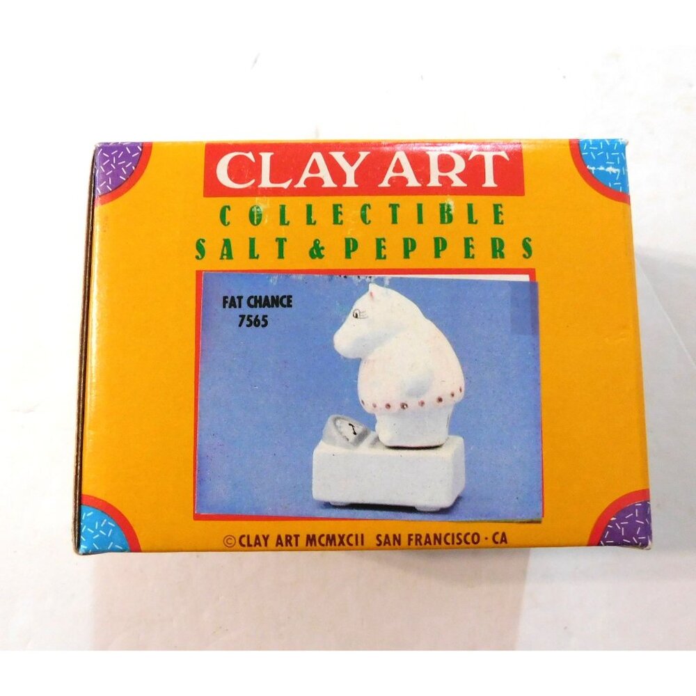 Clay Art Fat Chance Salt Pepper Shakers Hippo on the Scale 7565 Vintage 1992 - Picture 10 of 11